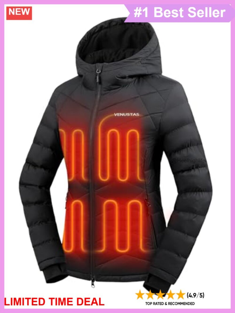 Venustas Quilted Heated Jacket Battery Fleece Hood Thumbhole